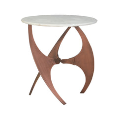 Round White Marble Side Table with  Curved Copper Metal Base