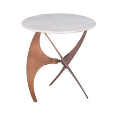 Round White Marble Side Table with  Curved Copper Metal Base