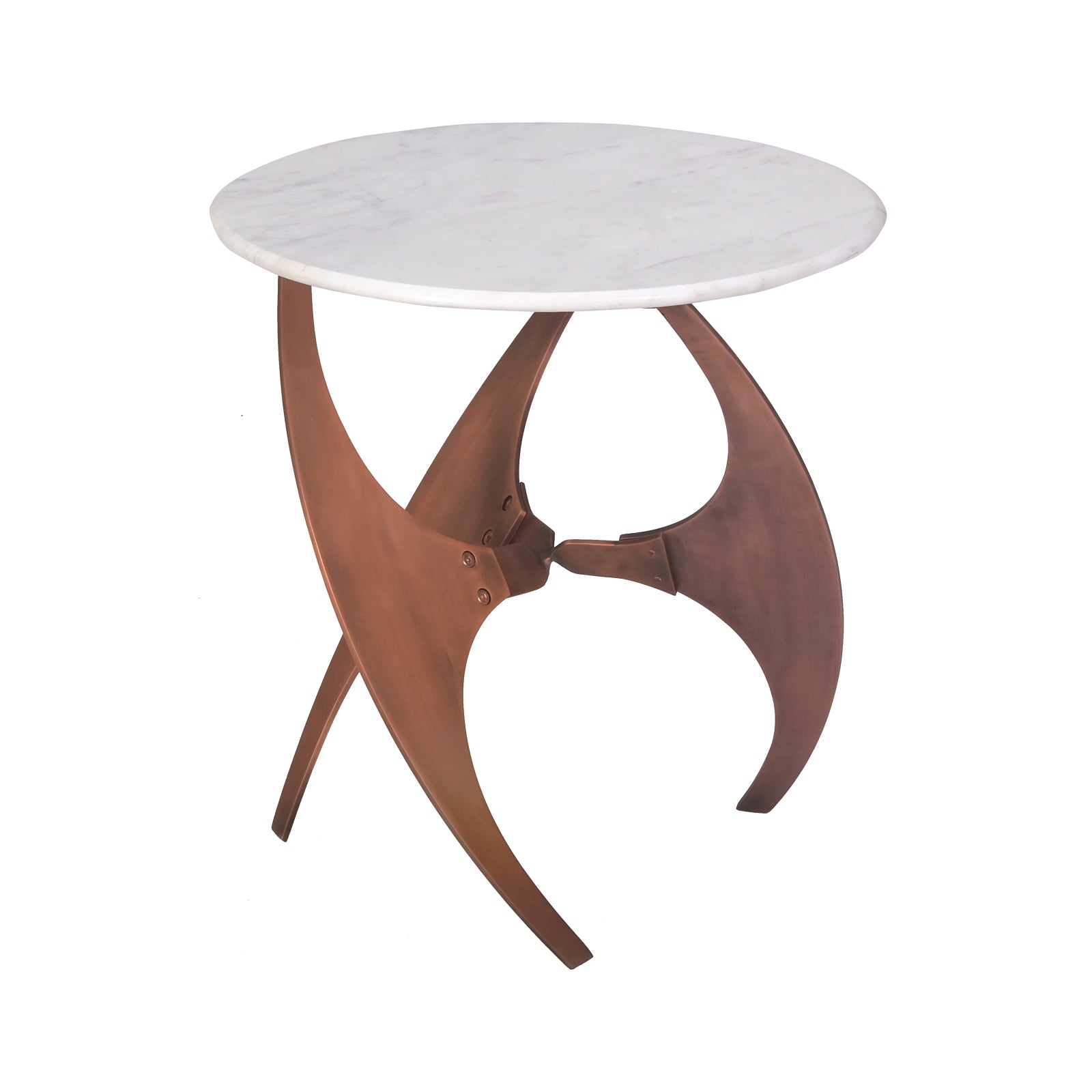 Round White Marble Side Table with  Curved Copper Metal Base