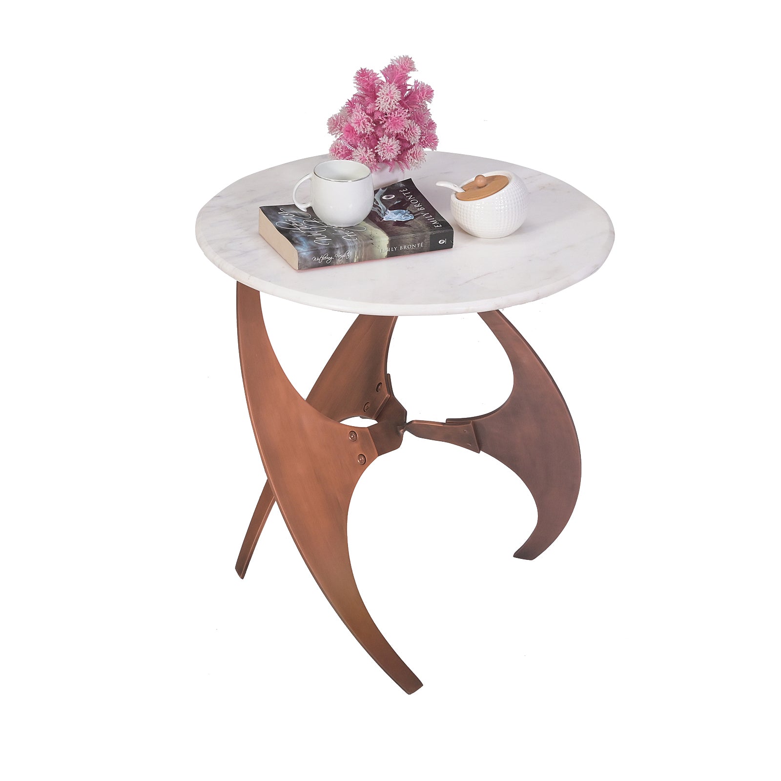 Round White Marble Side Table with  Curved Copper Metal Base