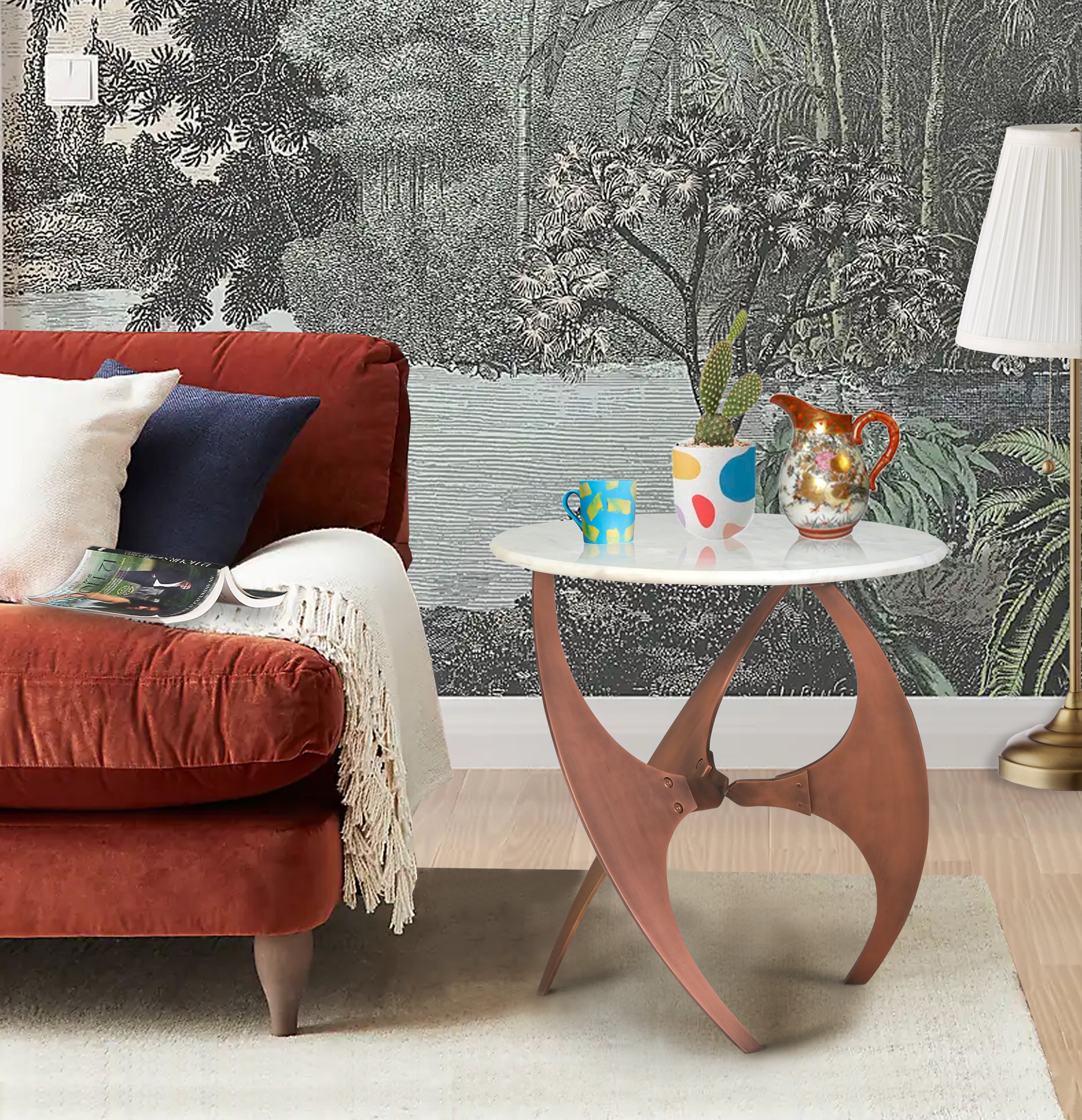 Round White Marble Side Table with  Curved Copper Metal Base