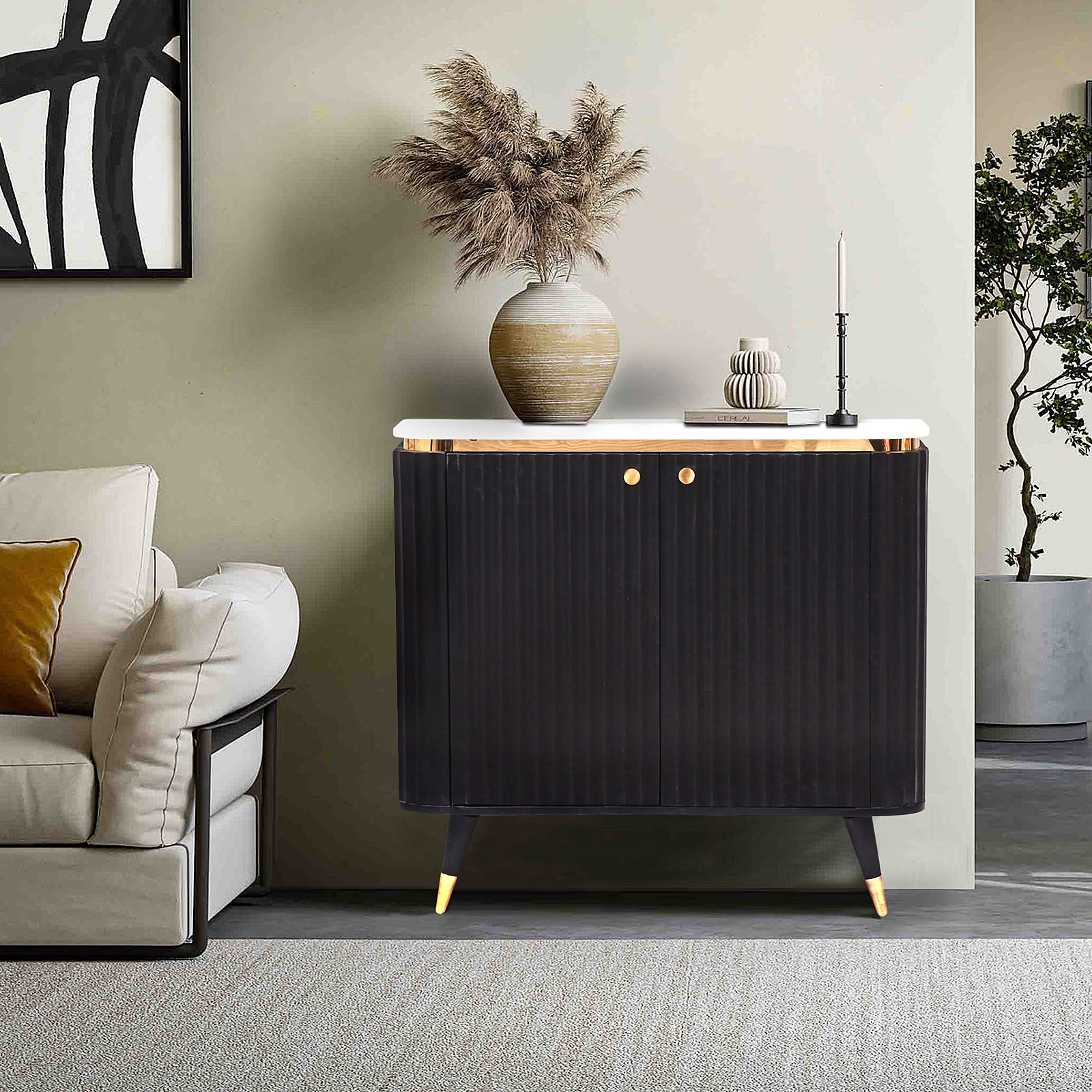Modern Black Fluted 2-Door Cabinet with  White Marble Top and Gold Accents