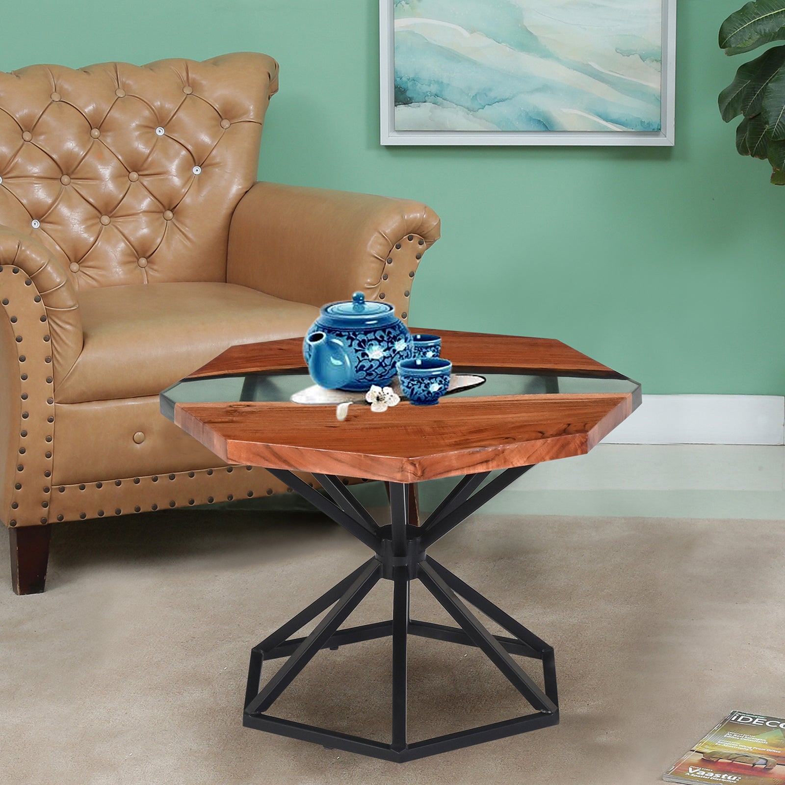 Modern Hexagon Wooden Side Table with Green  Resin River and Black Metal Base