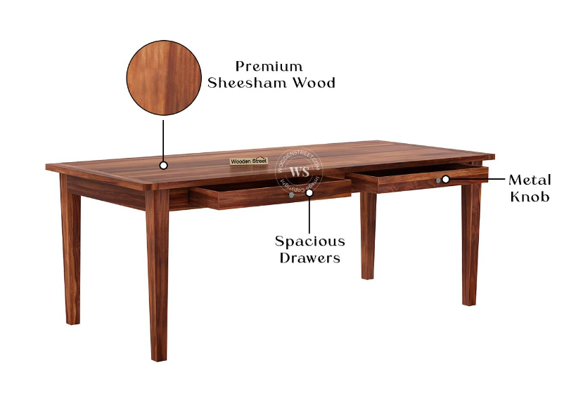 Solid Sheesham Wood 6-Seater Dining Table Set with Built-in Drawer & Cane Back Chairs