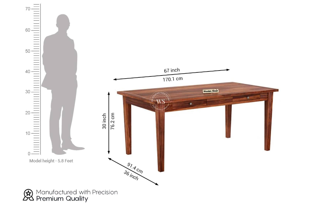 Solid Sheesham Wood 6-Seater Dining Table Set with Built-in Drawer & Cane Back Chairs