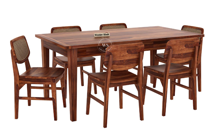 Solid Sheesham Wood 6-Seater Dining Table Set with Built-in Drawer & Cane Back Chairs