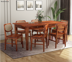 Solid Sheesham Wood 6-Seater Dining Table Set with Built-in Drawer & Cane Back Chairs