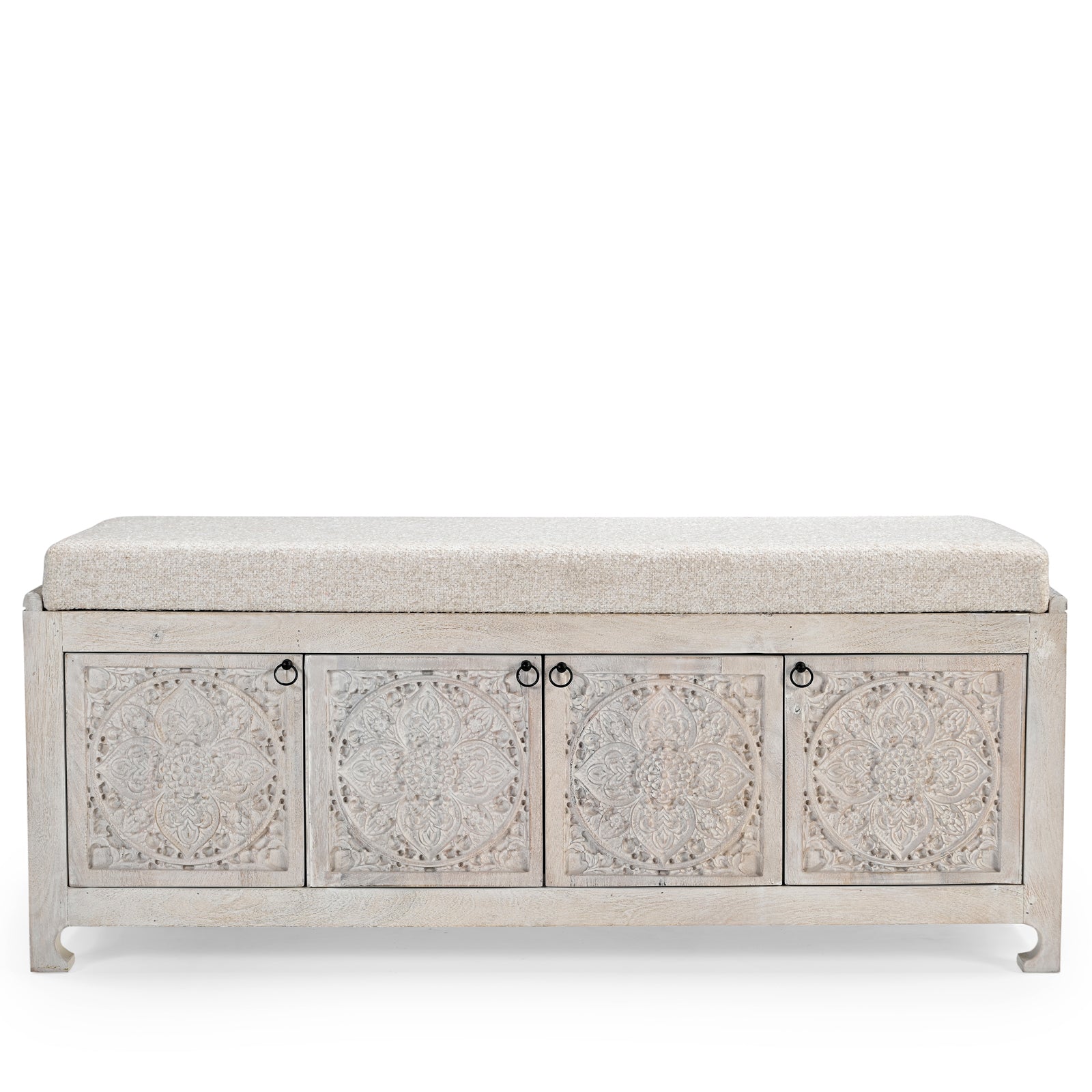 Hand-Carved Wooden Storage Bench with  Upholstered Cushion Top