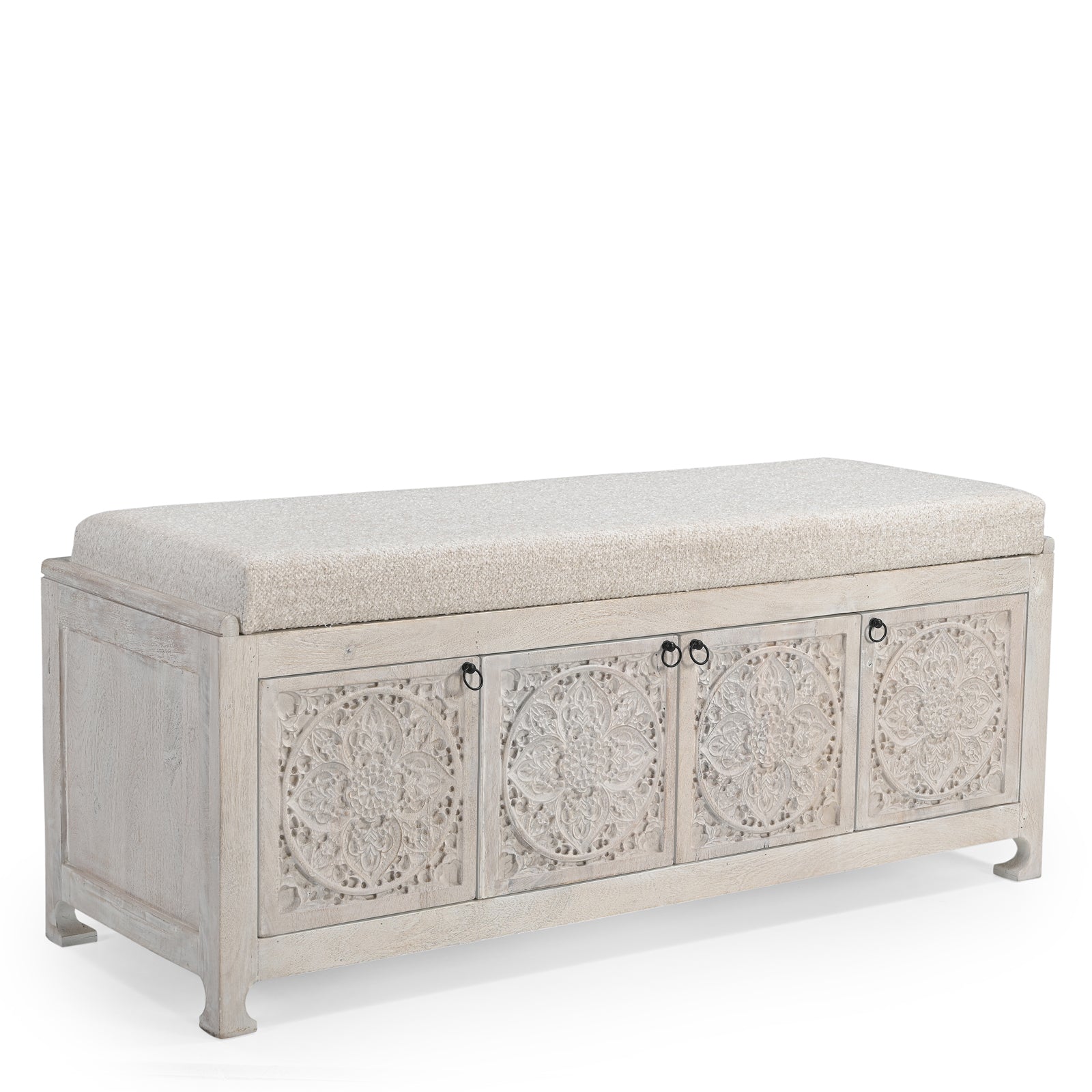Hand-Carved Wooden Storage Bench with  Upholstered Cushion Top