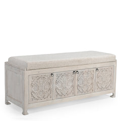 Hand-Carved Wooden Storage Bench with  Upholstered Cushion Top