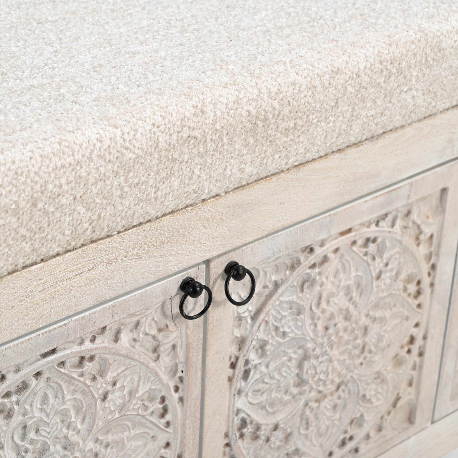 Hand-Carved Wooden Storage Bench with  Upholstered Cushion Top