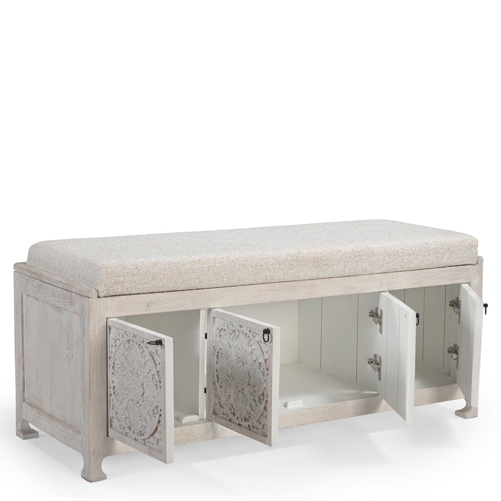 Hand-Carved Wooden Storage Bench with  Upholstered Cushion Top