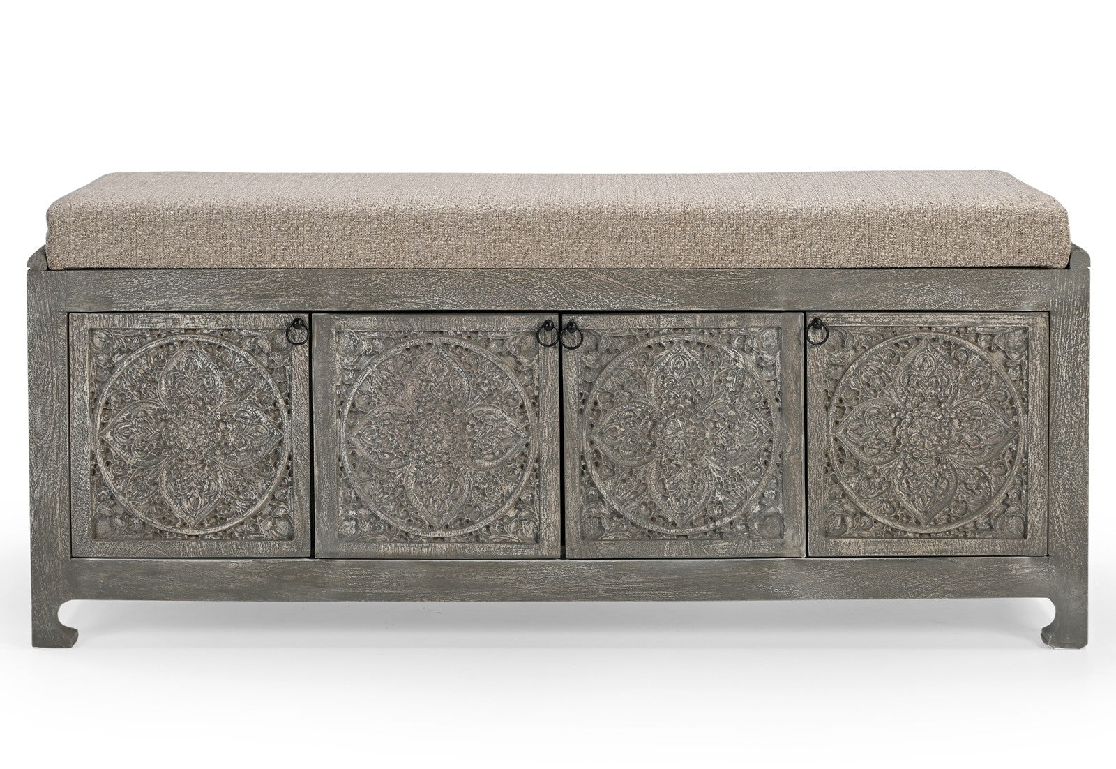 Hand-Carved Wooden Storage Bench with  Upholstered Cushion Top