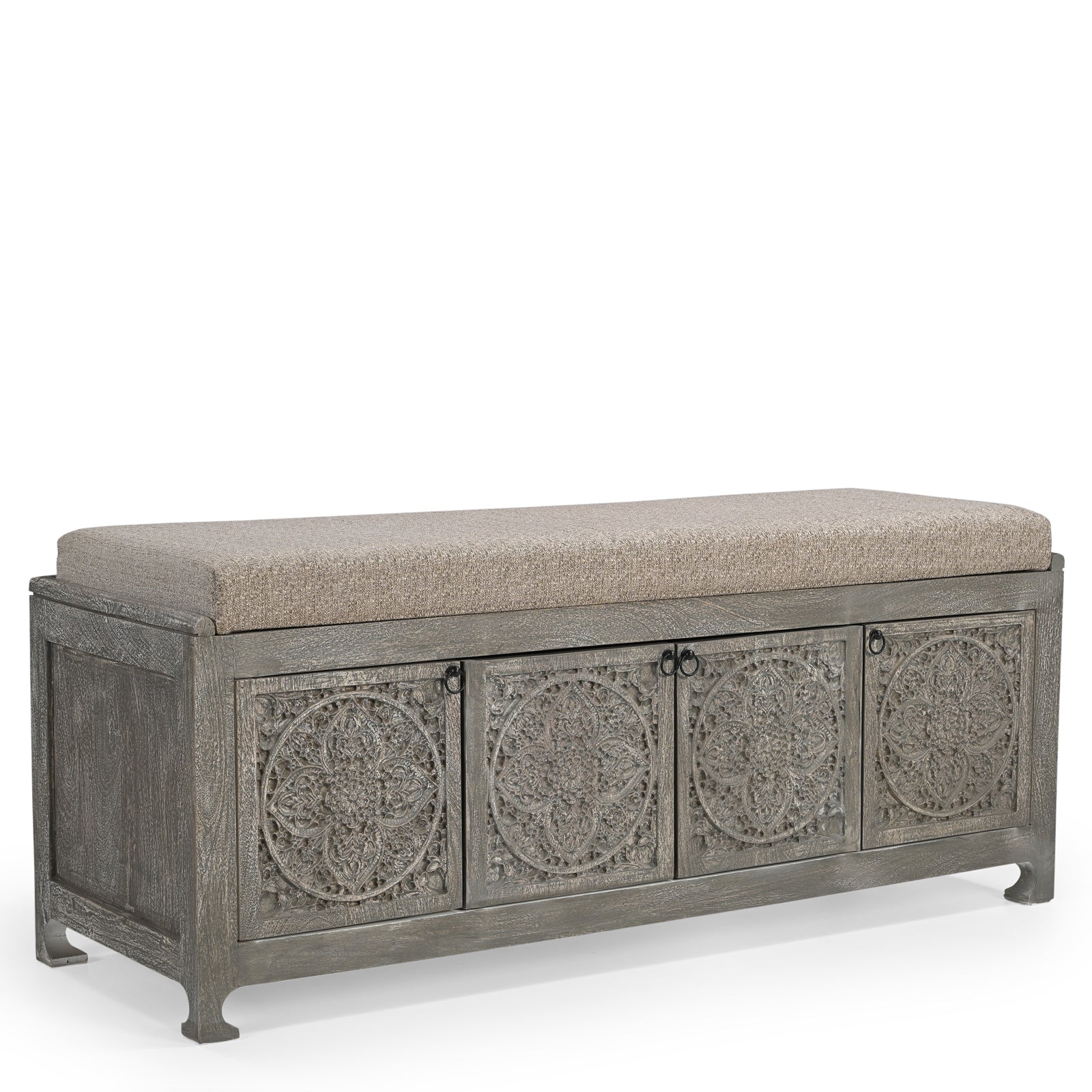 Hand-Carved Wooden Storage Bench with  Upholstered Cushion Top