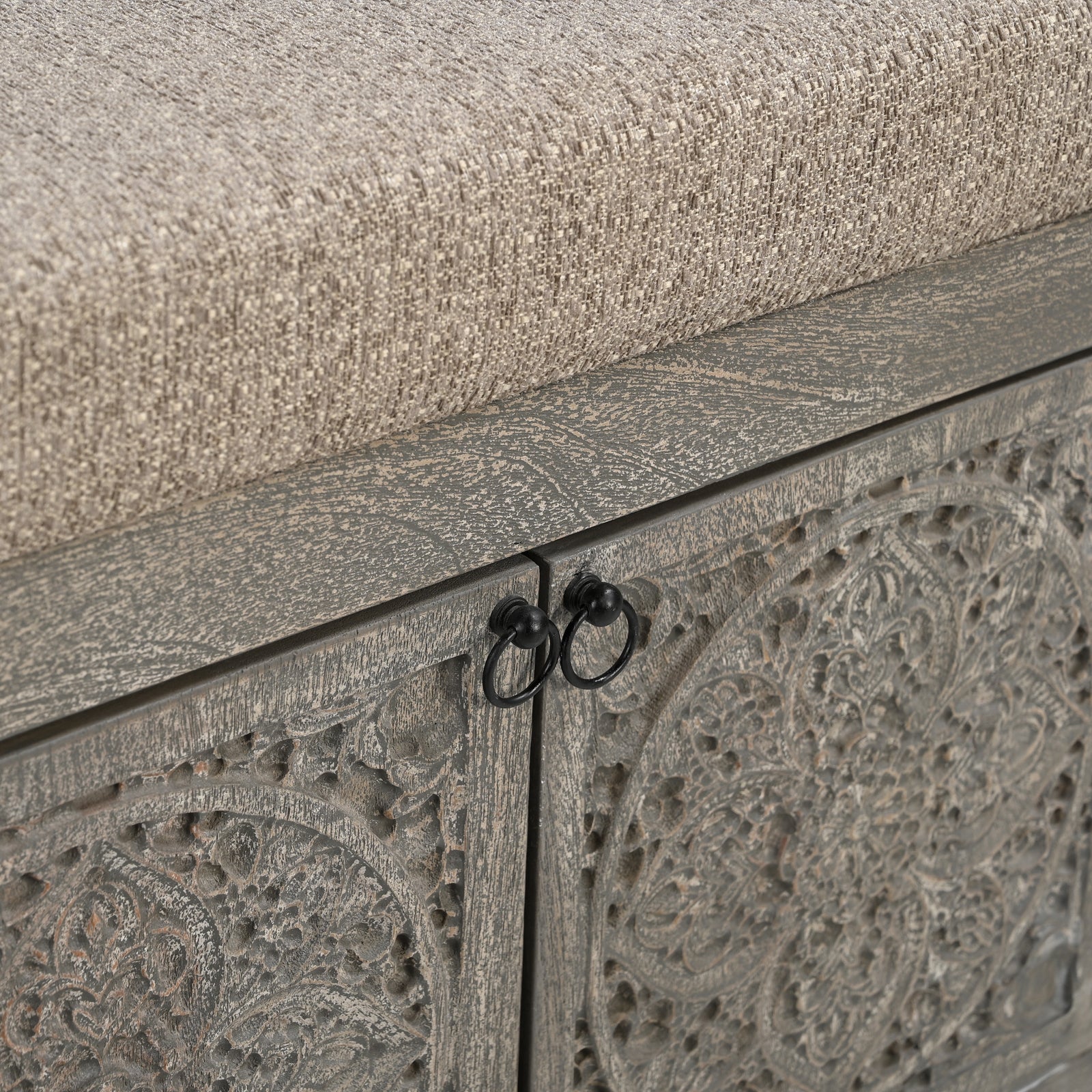 Hand-Carved Wooden Storage Bench with  Upholstered Cushion Top