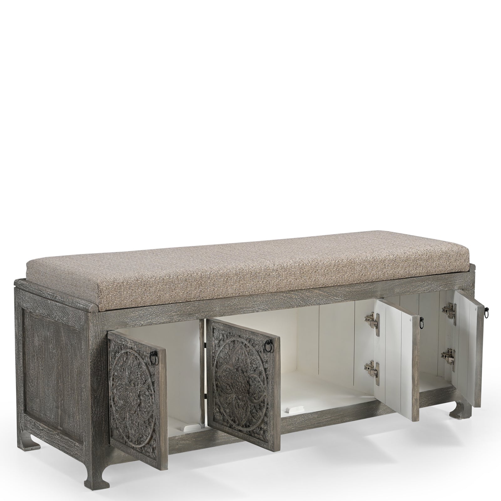 Hand-Carved Wooden Storage Bench with  Upholstered Cushion Top