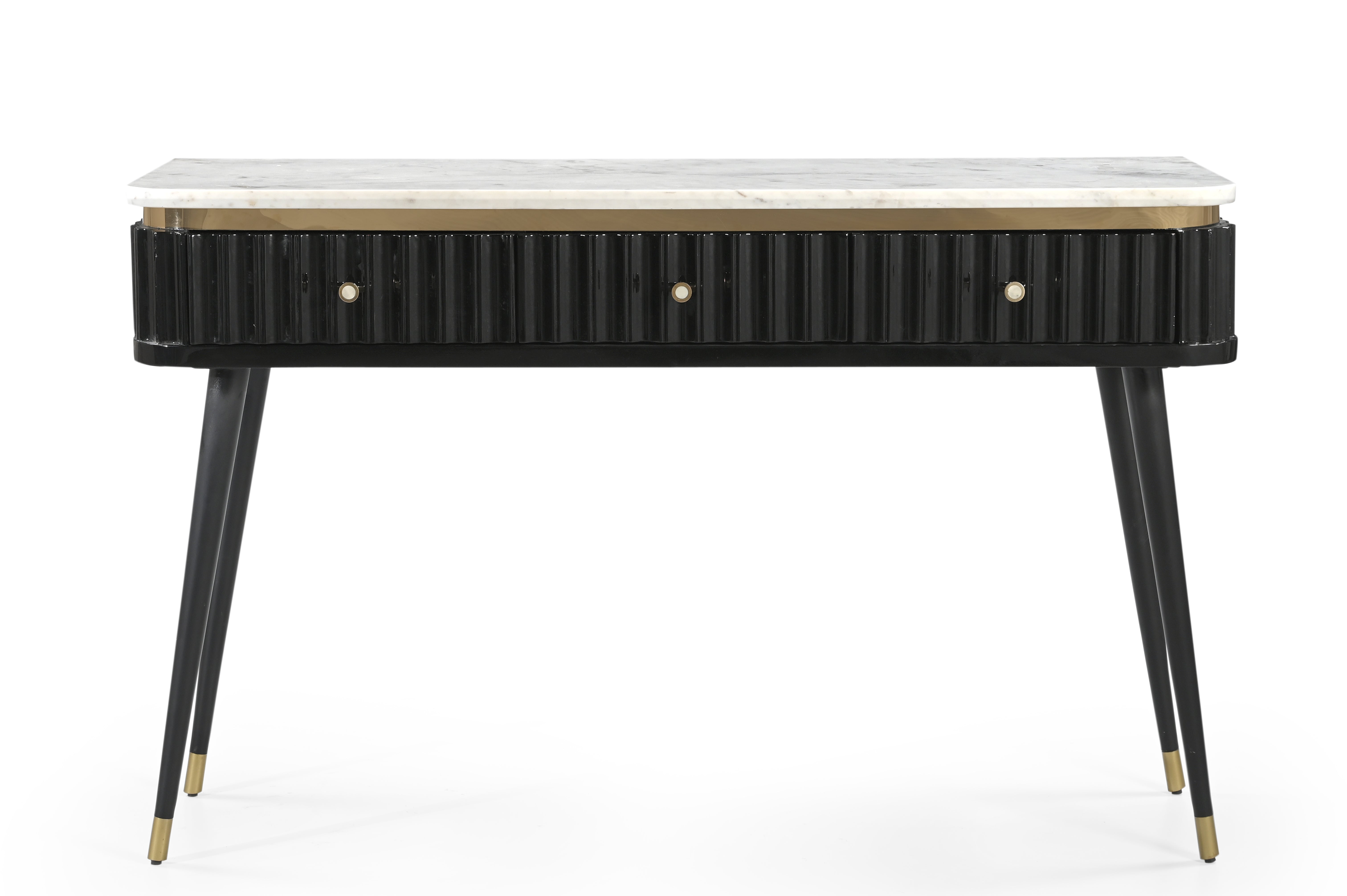 Modern Fluted Black Console Table with White Marble Top & Gold Hardware