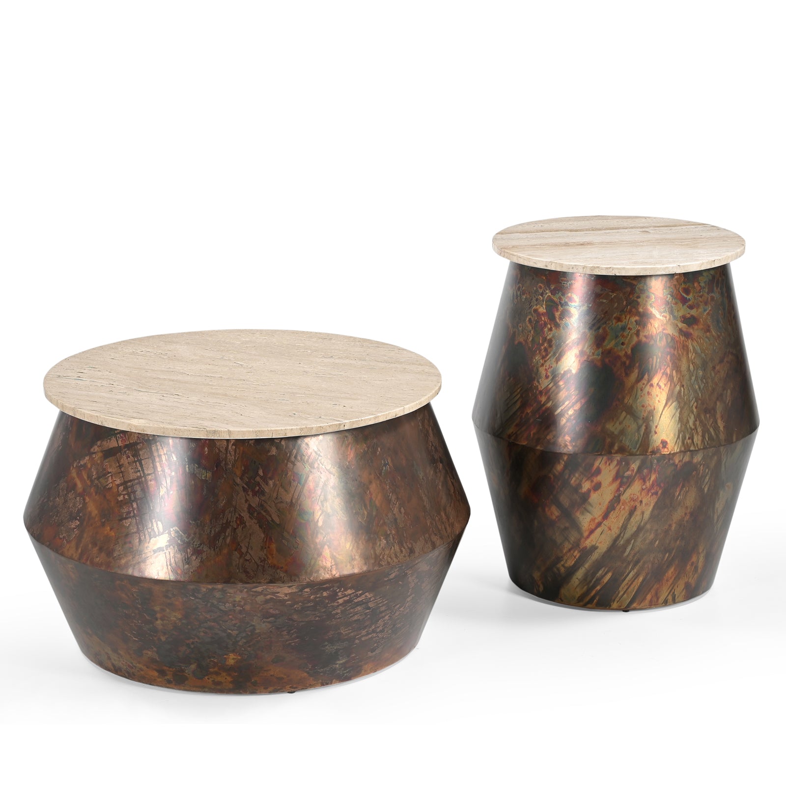 Round Travertine Stone Top Side  Table with Metallic Drum Base