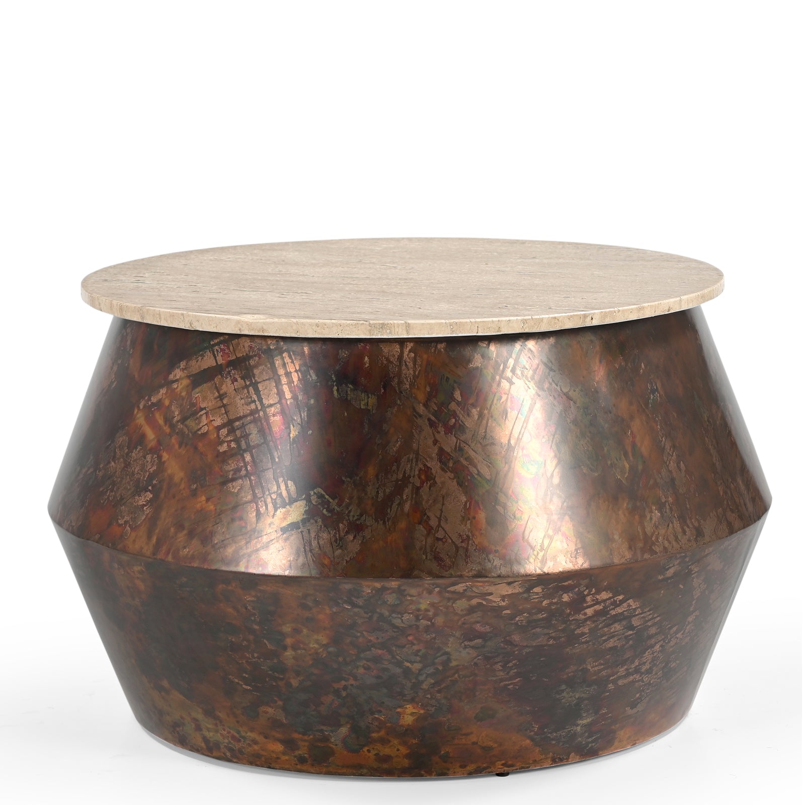 Round Travertine Stone Top Side  Table with Metallic Drum Base
