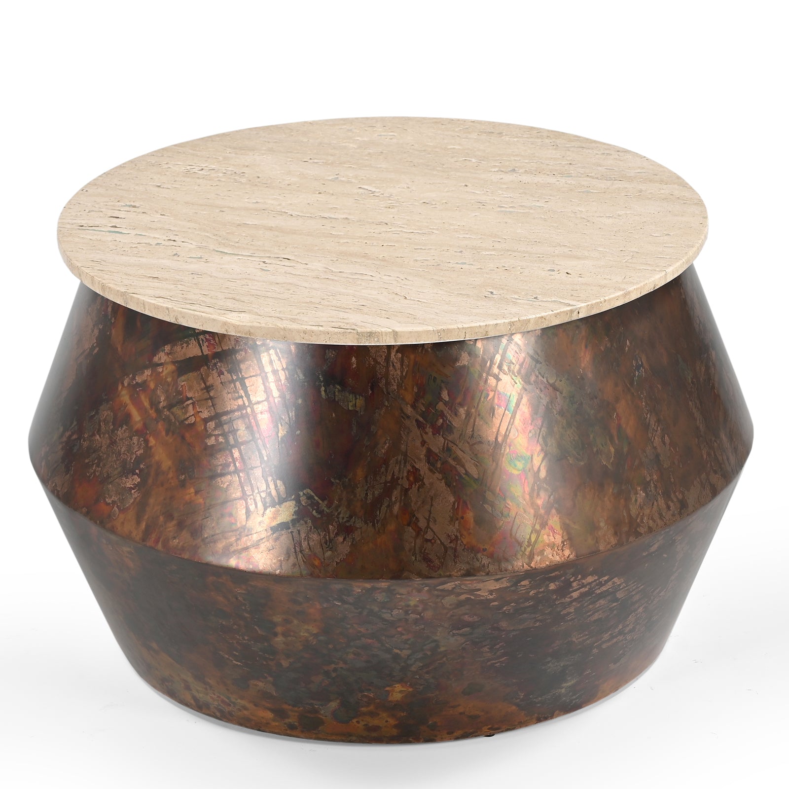 Round Travertine Stone Top Side  Table with Metallic Drum Base