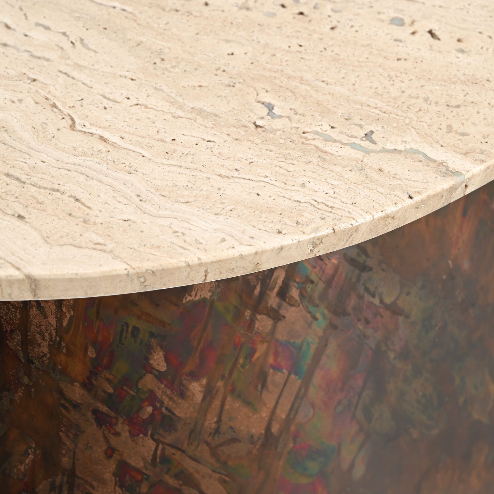 Round Travertine Stone Top Side  Table with Metallic Drum Base