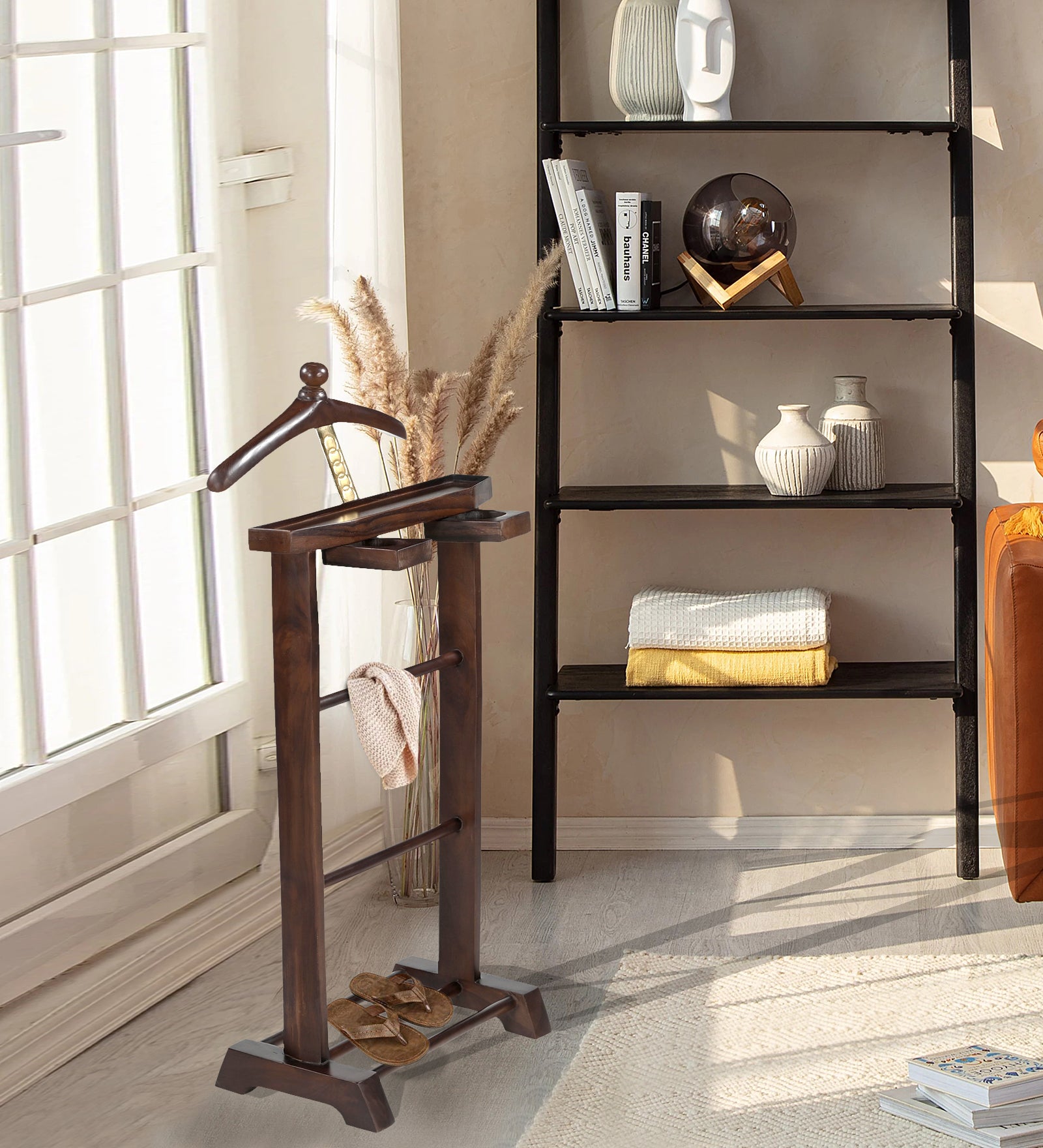 Wooden Valet Stand with Accessory Trays & Shoe Rack | Furniba