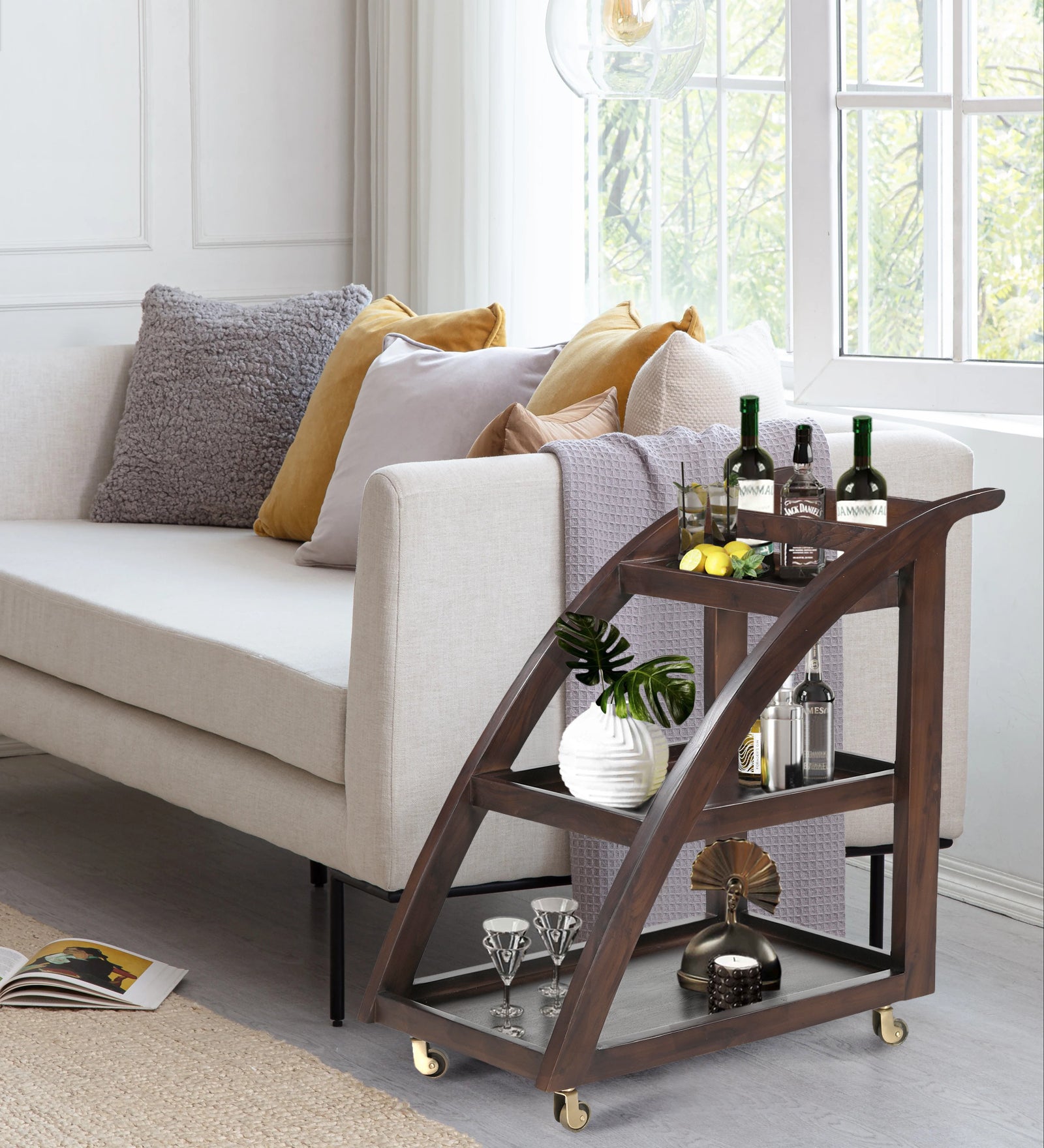 Wooden Serving Trolley – Curved Frame & Stepped Trays | Furniba
