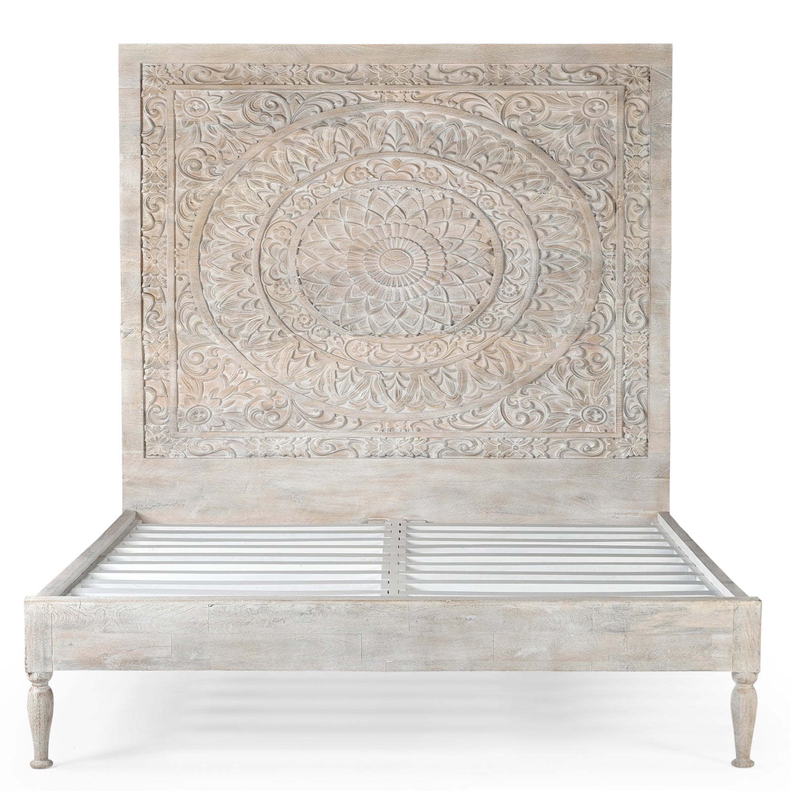 Large Hand-Carved Wooden Headboard  Panel in Light Whitewash Finish