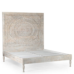 Large Hand-Carved Wooden Headboard  Panel in Light Whitewash Finish