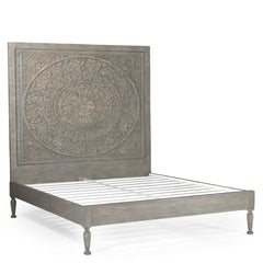 Large Hand-Carved Wooden Headboard  Wall Art Panel in Grey Finish