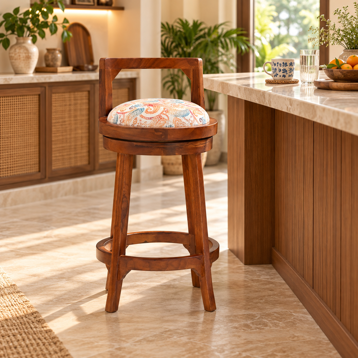 Wooden Bar Chair with Cushioned Seat & Footrest