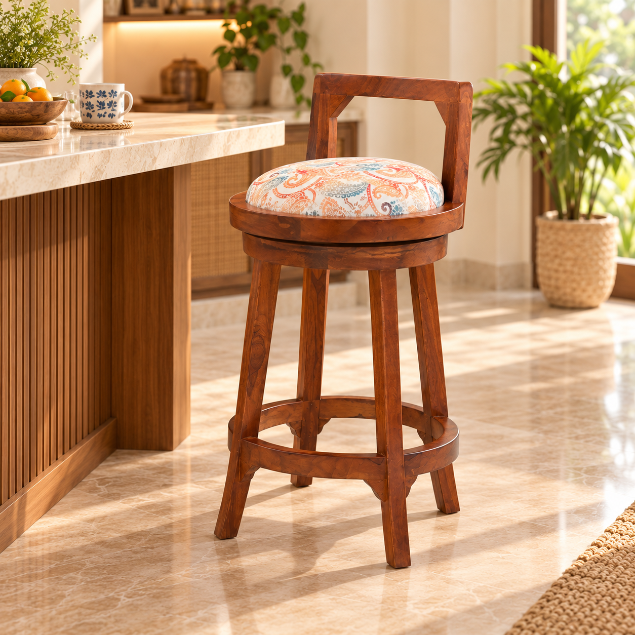 Wooden Bar Chair with Cushioned Seat & Footrest