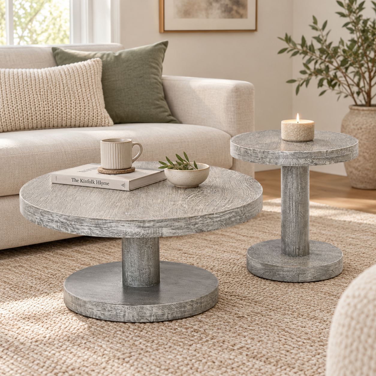 Wooden Side Table Set of 2 – Round Mango Wood Pedestal | Furniba