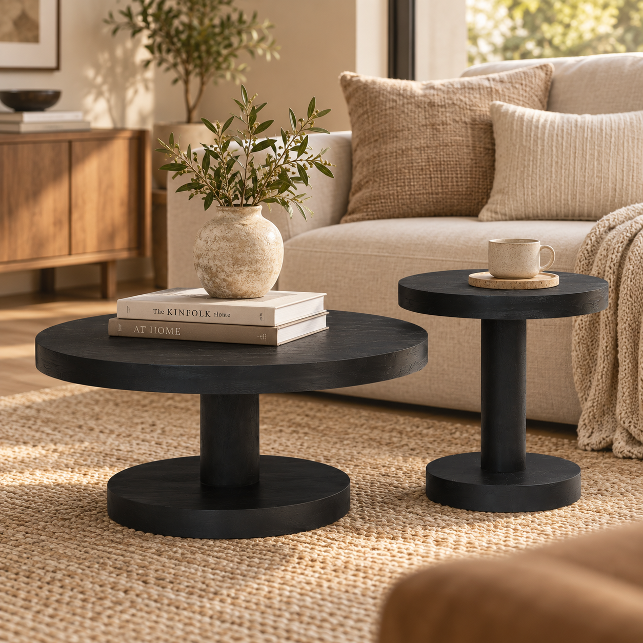 Wooden Side Table Set of 2 – Round Mango Wood Pedestal | Furniba