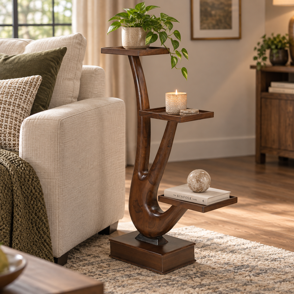 Sculptural 3-Tier Display Stand – Dark Brown – styled view