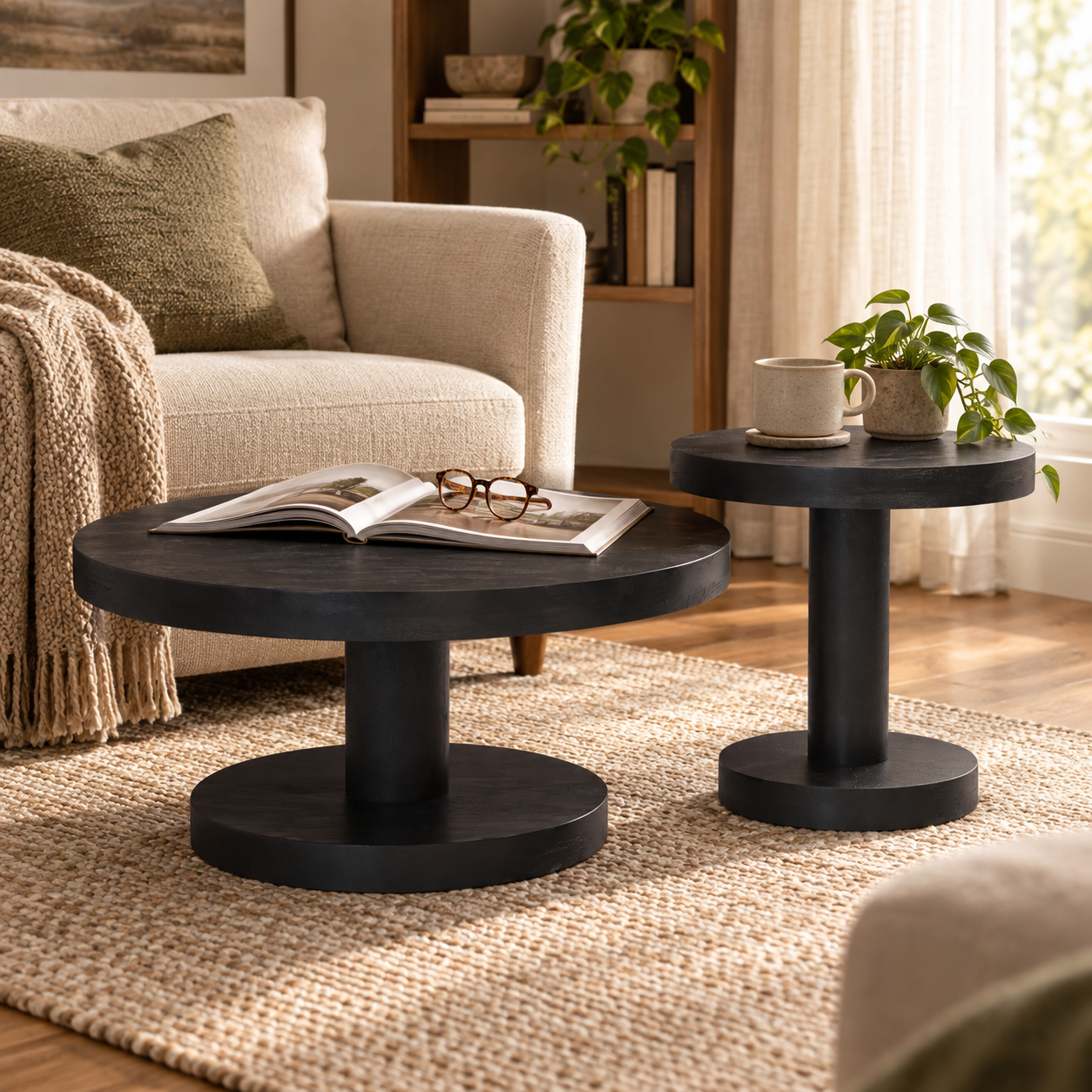 Wooden Side Table Set of 2 – Round Mango Wood Pedestal | Furniba