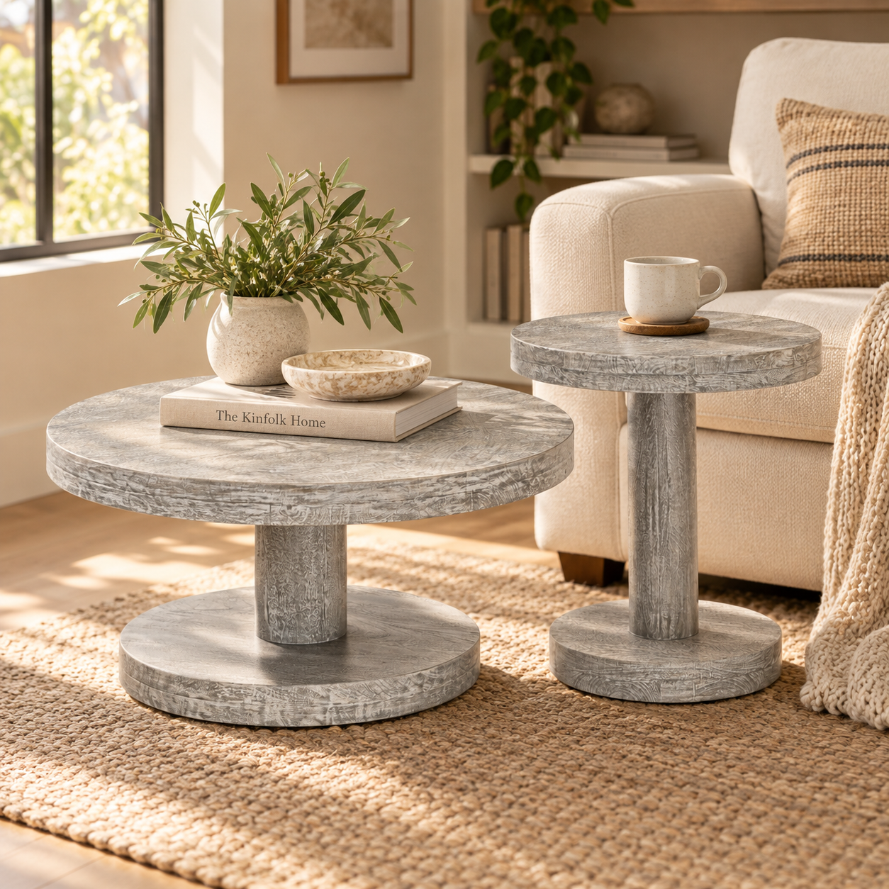 Wooden Side Table Set of 2 – Round Mango Wood Pedestal | Furniba