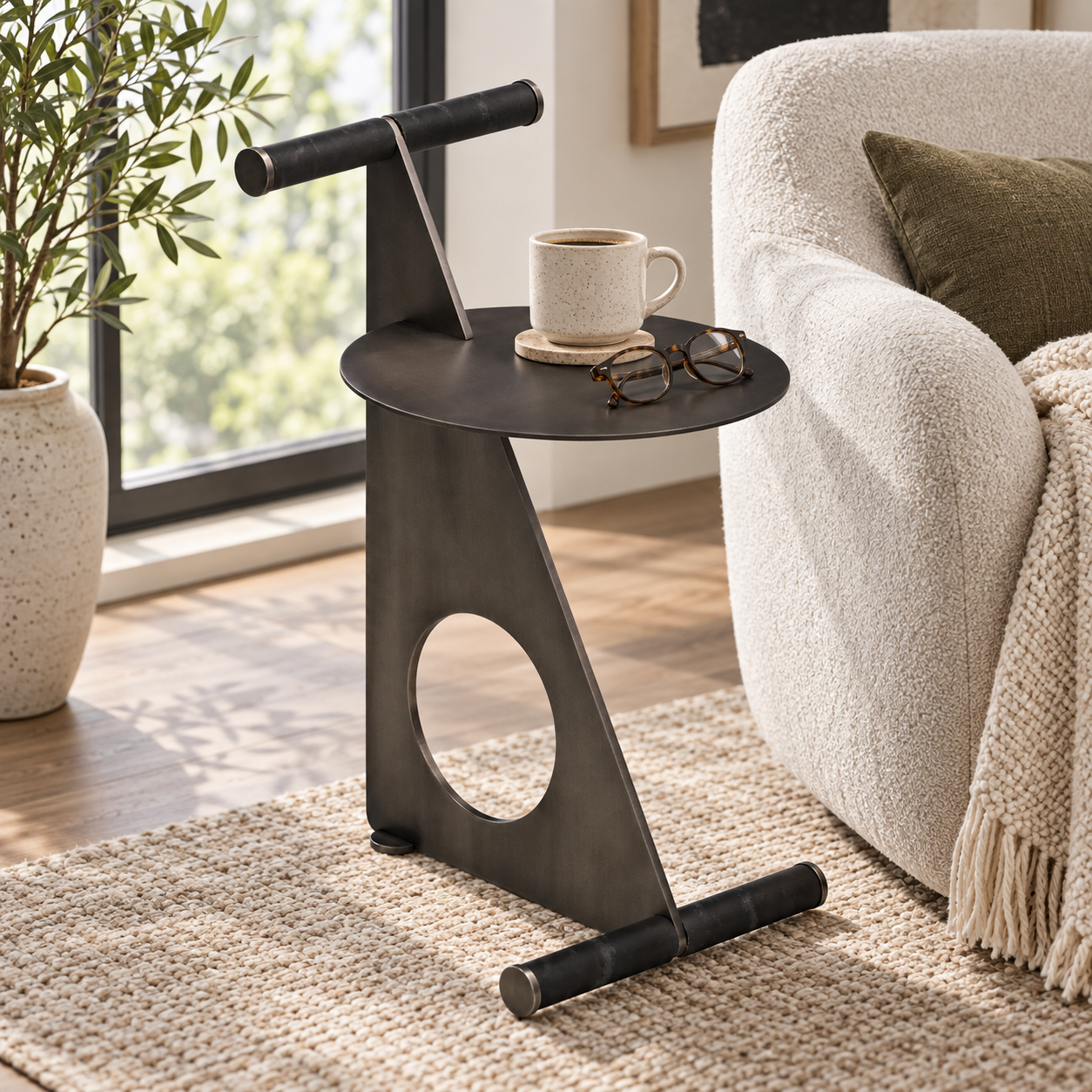 Trinity Geometric Metal Side Table, Antique Brushed Nickel – styled view