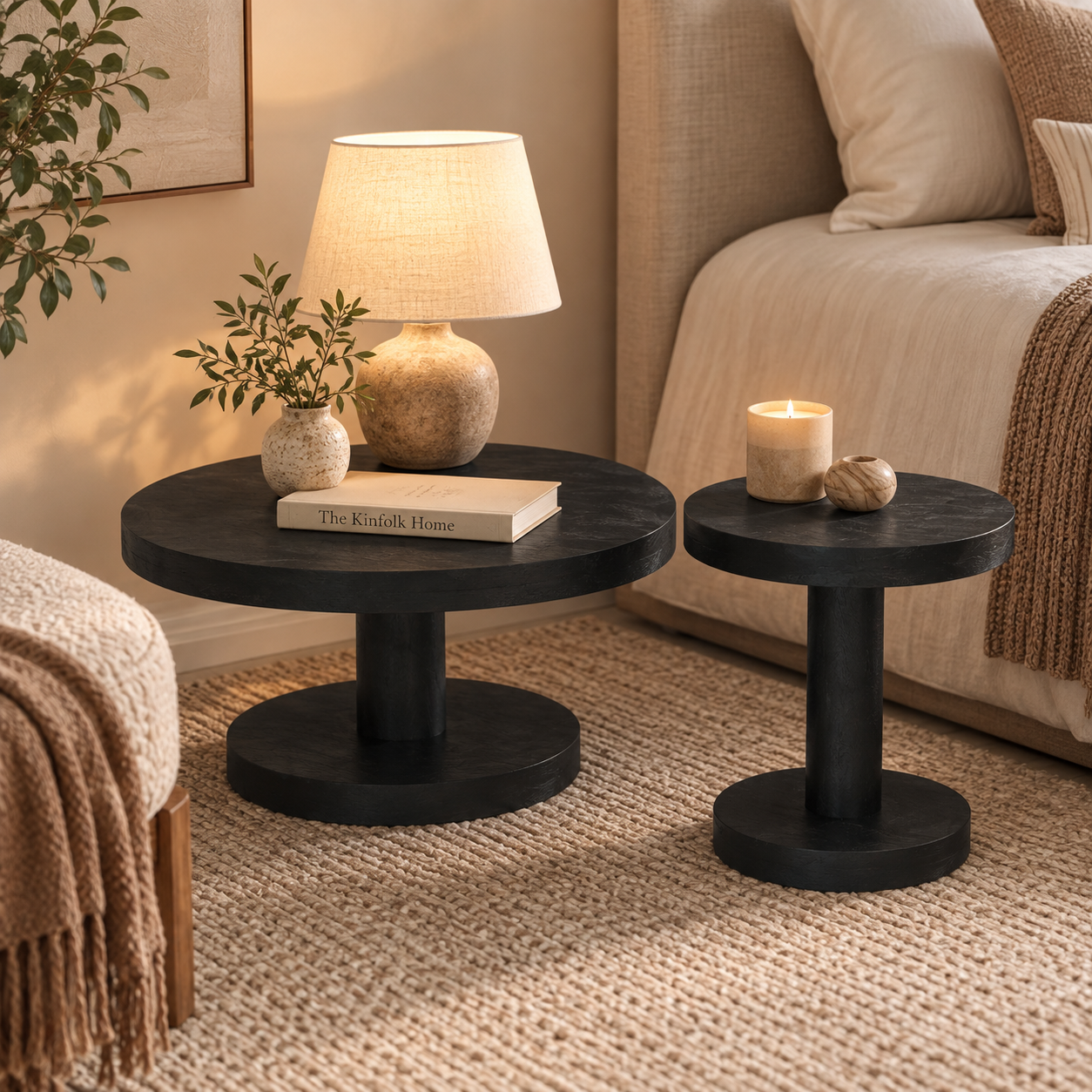Wooden Side Table Set of 2 – Round Mango Wood Pedestal | Furniba
