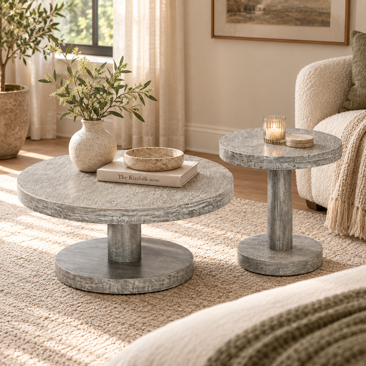 Wooden Side Table Set of 2 – Round Mango Wood Pedestal | Furniba