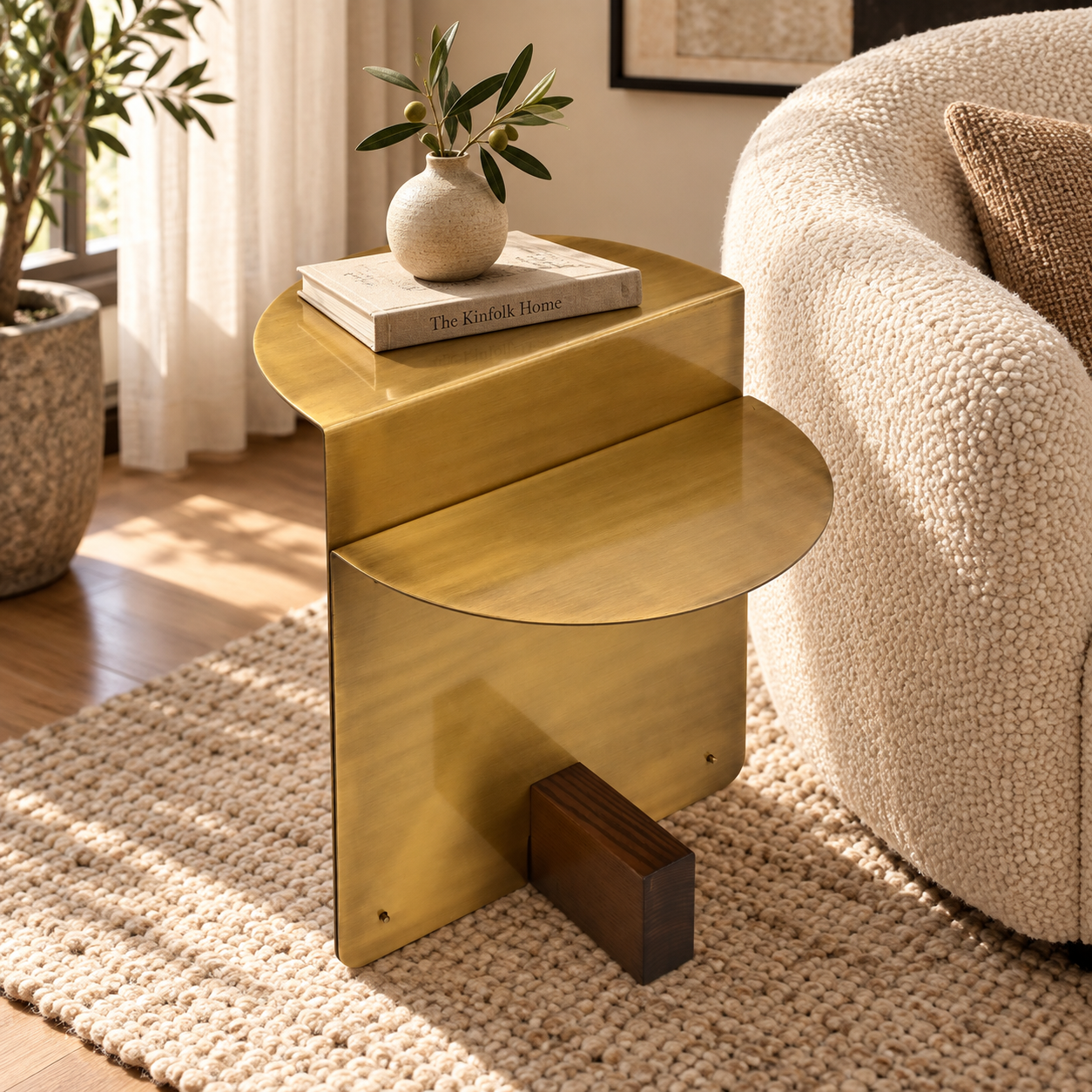 Turner Brushed Gold Side Table with Ash Wood Detail – styled view