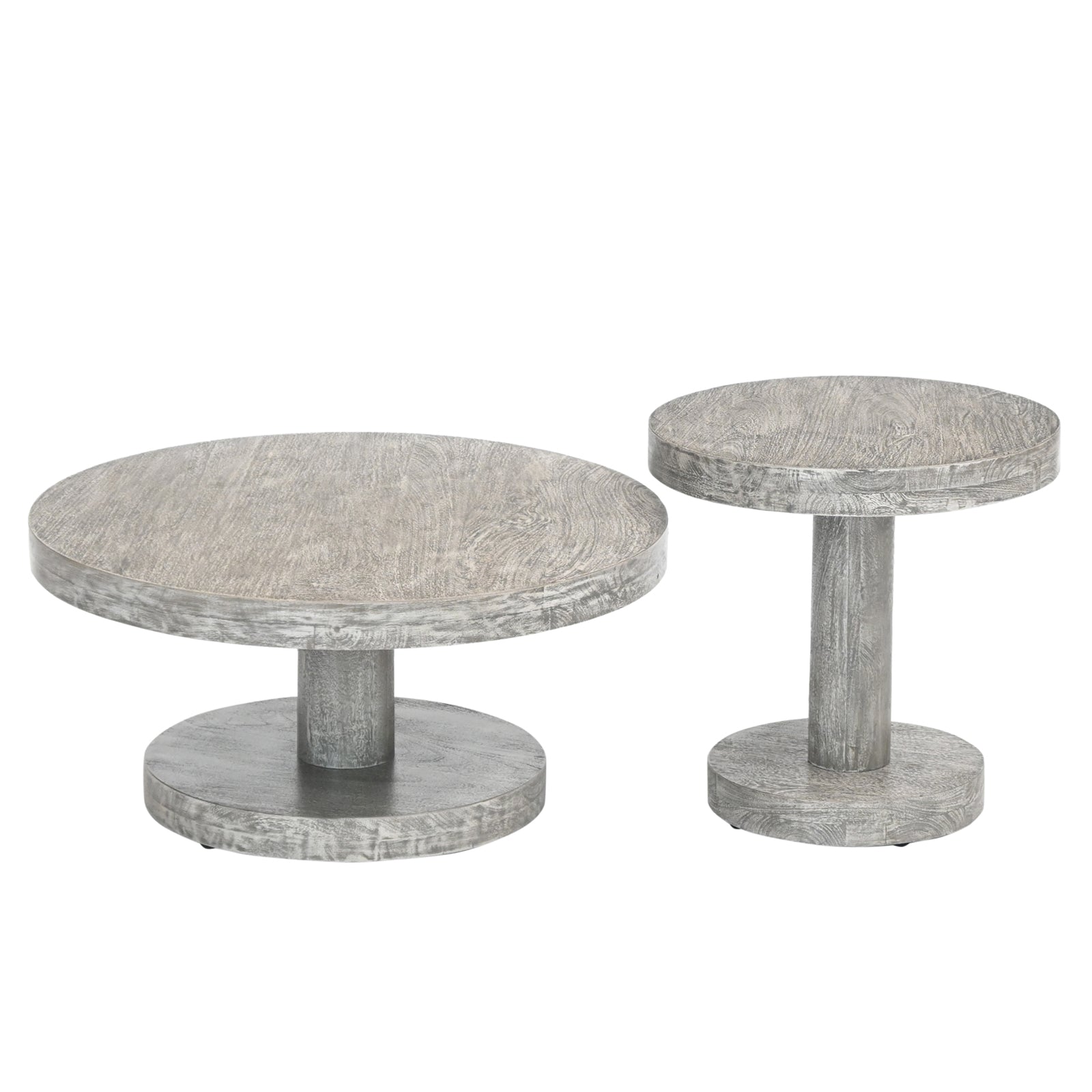 Wooden Side Table Set of 2 – Round Mango Wood Pedestal | Furniba