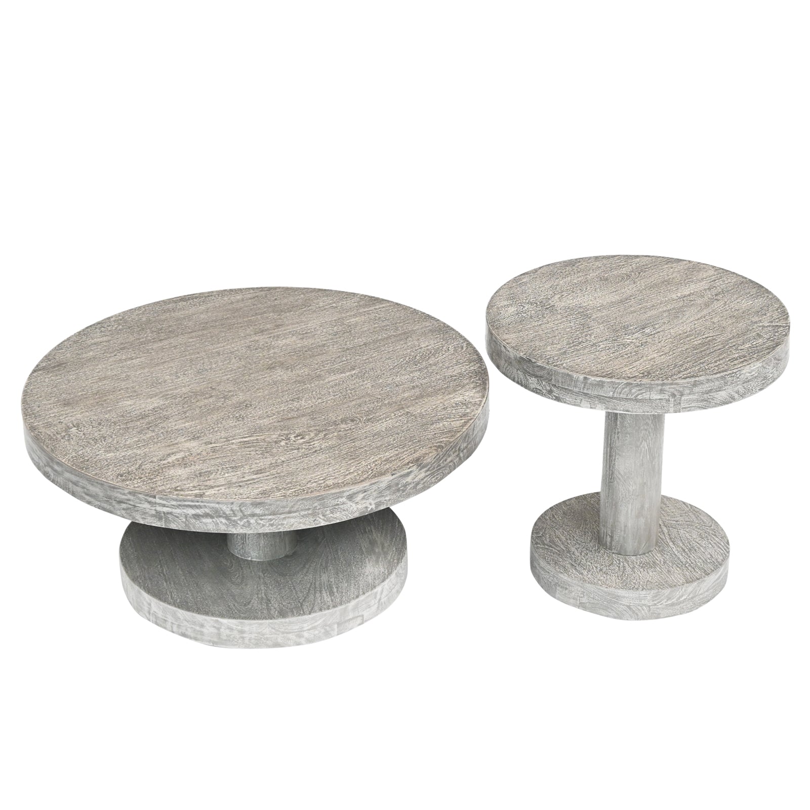 Wooden Side Table Set of 2 – Round Mango Wood Pedestal | Furniba