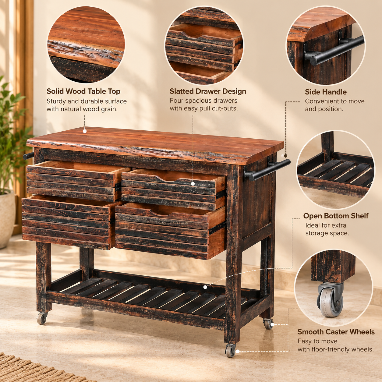 Wooden Kitchen Trolley with 4 Drawers & Open Shelf | Furniba