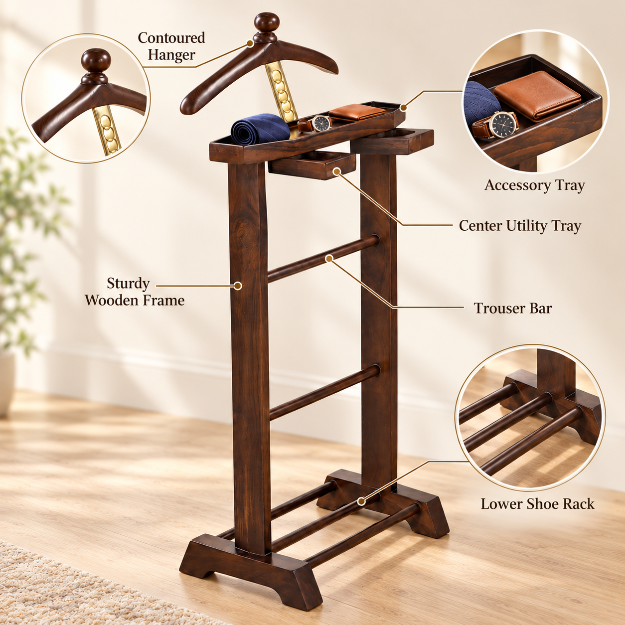 Wooden Valet Stand with Accessory Trays & Shoe Rack | Furniba