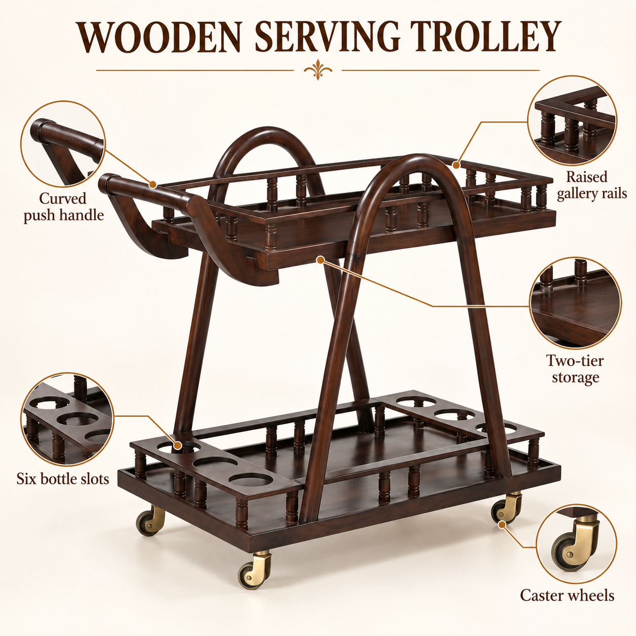 Wooden Bar Trolley – 2 Shelves & 6 Bottle Slots | Furniba