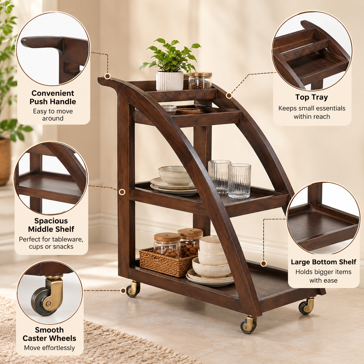 Wooden Serving Trolley – Curved Frame & Stepped Trays | Furniba