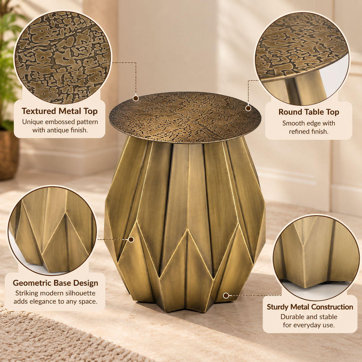 Metal Accent Table – Flower Design in Antique Gold | Furniba