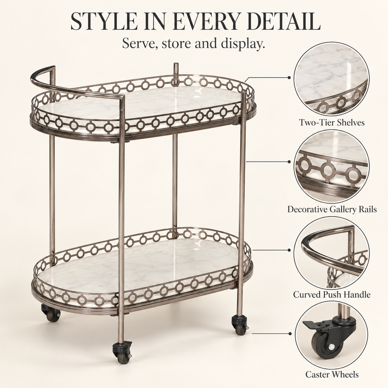 Metal Bar Trolley – Oval 2-Tier Serving Cart with Wheels | Furniba