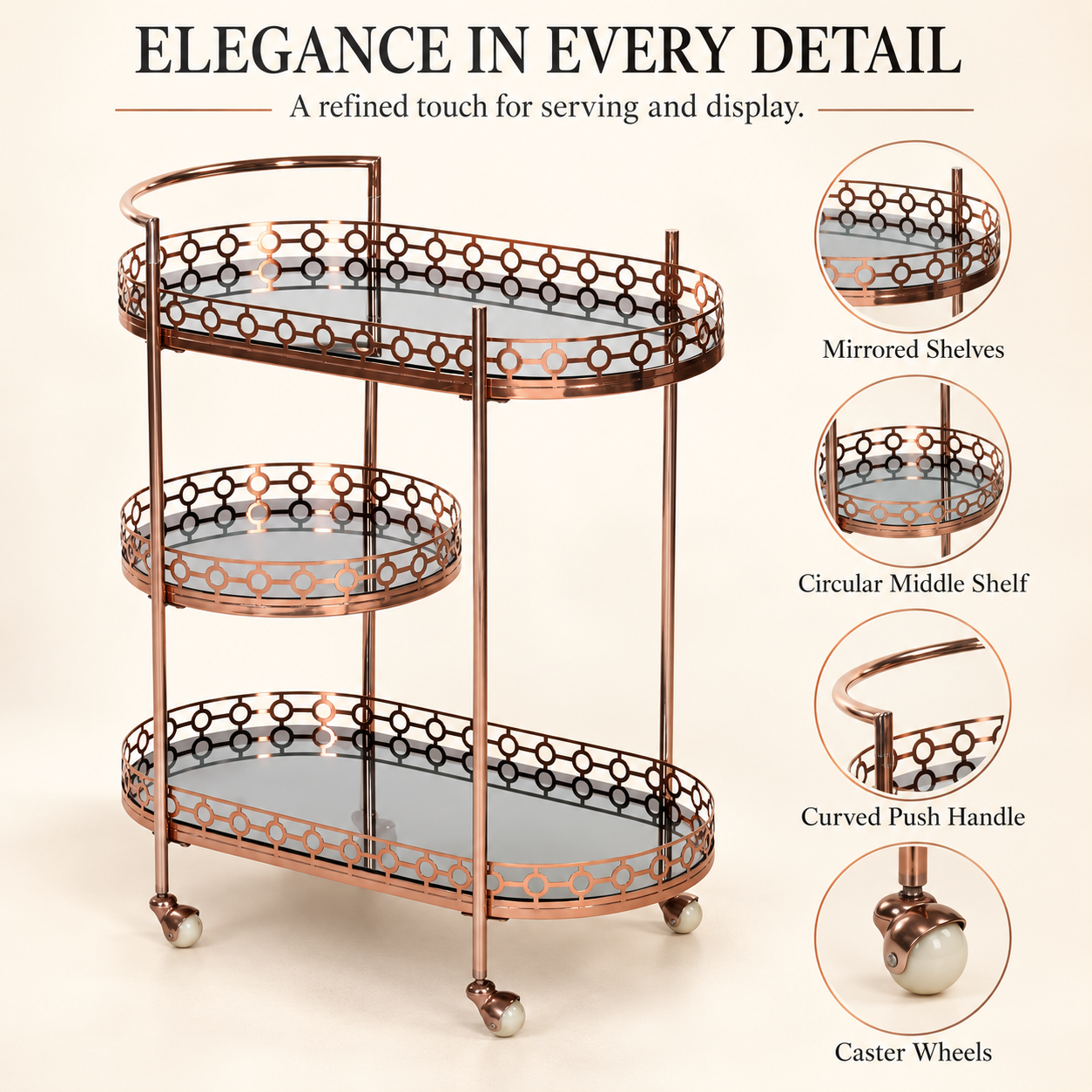 3 Tier Bar Trolley – Rose Gold Tone Oval Serving Cart | Furniba